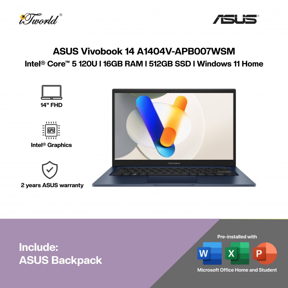 ASUS Vivobook 14 A1404V-APB007WSM Laptop (Intel  ® Core™ 5 Processor 120U | 14” FHD | 16GB RAM | 512GB SSD | Intel  ® Graphics| Windows 11 Home | Office Home & Student + Office 365)