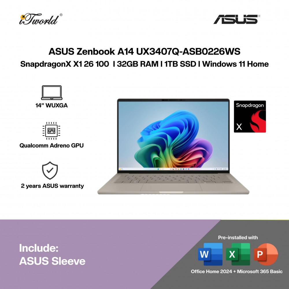 ASUS Zenbook A14 UX3407Q-ASB0226WS Laptop (SnapdragonX X1 26 100 | 14” WUXGA | 32GB RAM | 1TB SSD | Qualcomm Adreno GPU | Windows 11 Home | Office Home 2024 + Office 365)