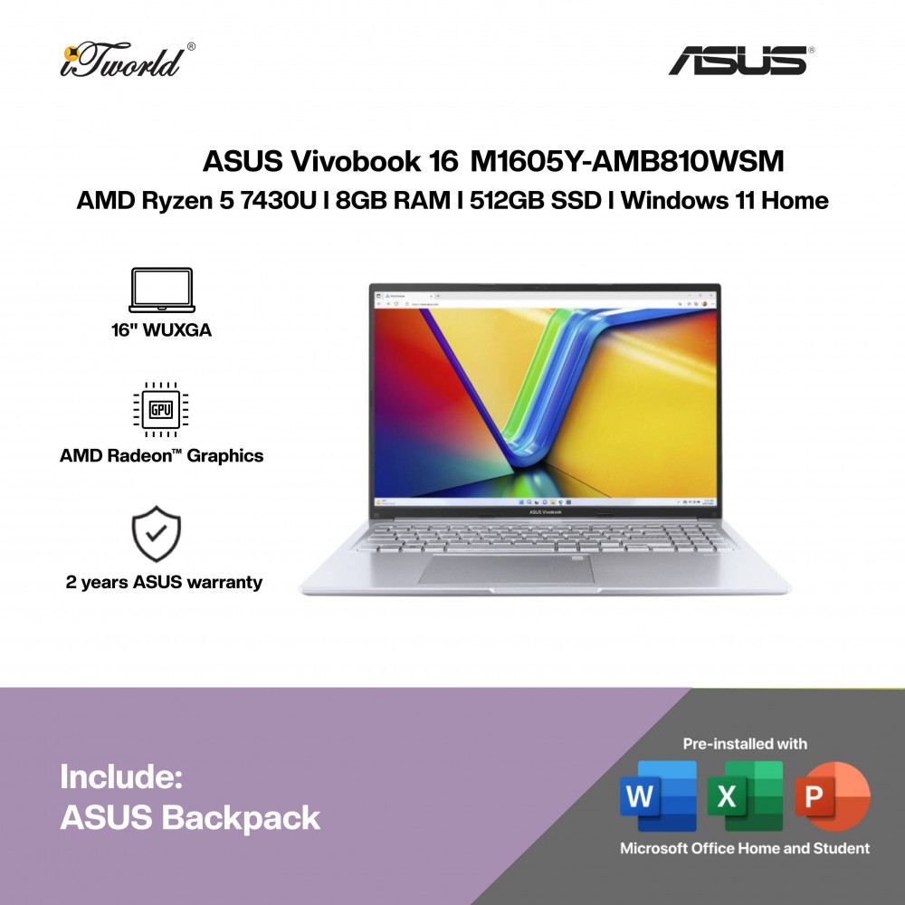 ASUS Vivobook 16 M1605Y-AMB810WSM Laptop (R5-7430U,8GB,512GB SSD,AMD Radeon Graphics,H&S+M365,16” WUXGA,W11H,Sil,2Y)