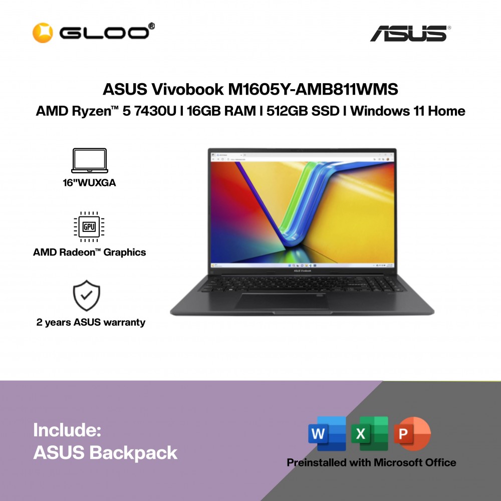 ASUS Vivobook M1605Y-AMB811WMS Laptop (AMD Ryzen™ 5 7430U | 16” WUXGA | 8GB RAM | 512GB SSD | AMD Radeon™ Graphics | Windows 11 Home | Microsoft Office Home 2024 + Microsoft 365)