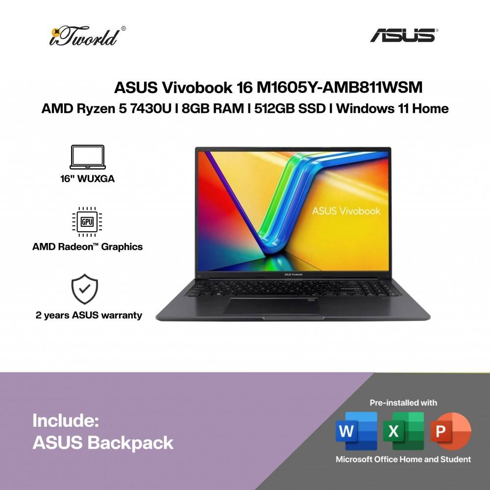 ASUS Vivobook 16 M1605Y-AMB811WSM Laptop (AMD Ryzen 5 7430U | 16” WUXGA | 8GB RAM | 512GB SSD | AMD Radeon™ Graphics | Windows 11 Home | Office Home & Student + Office 365) 