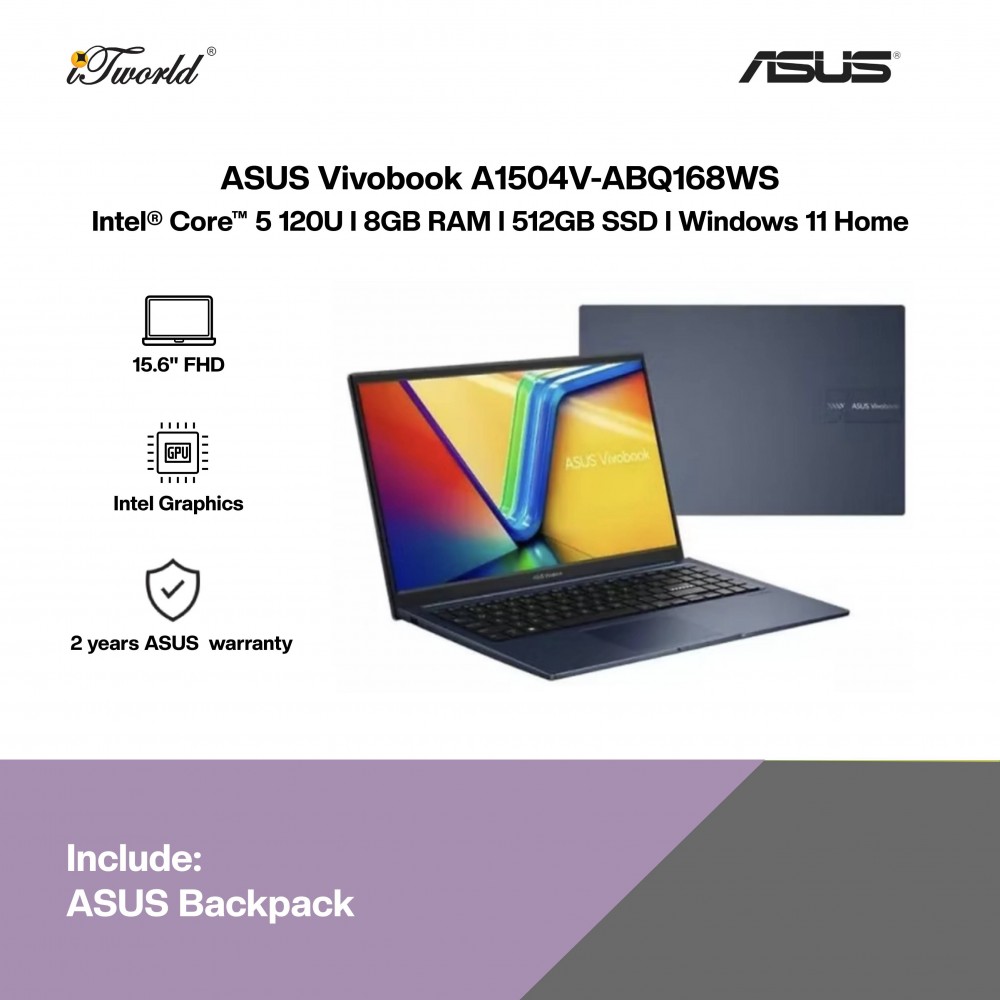 ASUS Vivobook A1504V-ABQ168WS Laptop (Intel  ® Core™ 5 120U | 15.6" FHD | 8GB RAM | 512GB SSD | Intel Graphics | Windows 11 Home | Microsoft Office Home 2024  + Microsoft 365 Basic)