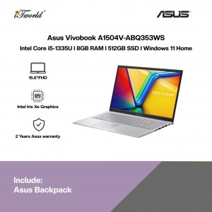 [Pre-order] Asus Vivobook A1504V-ABQ353WS Laptop (i5-1335U,8GB,512GB SSD,Intel Iris Xe,H&S,15.6"FHD,W11H,Silver) [ETA:3-5 working days]