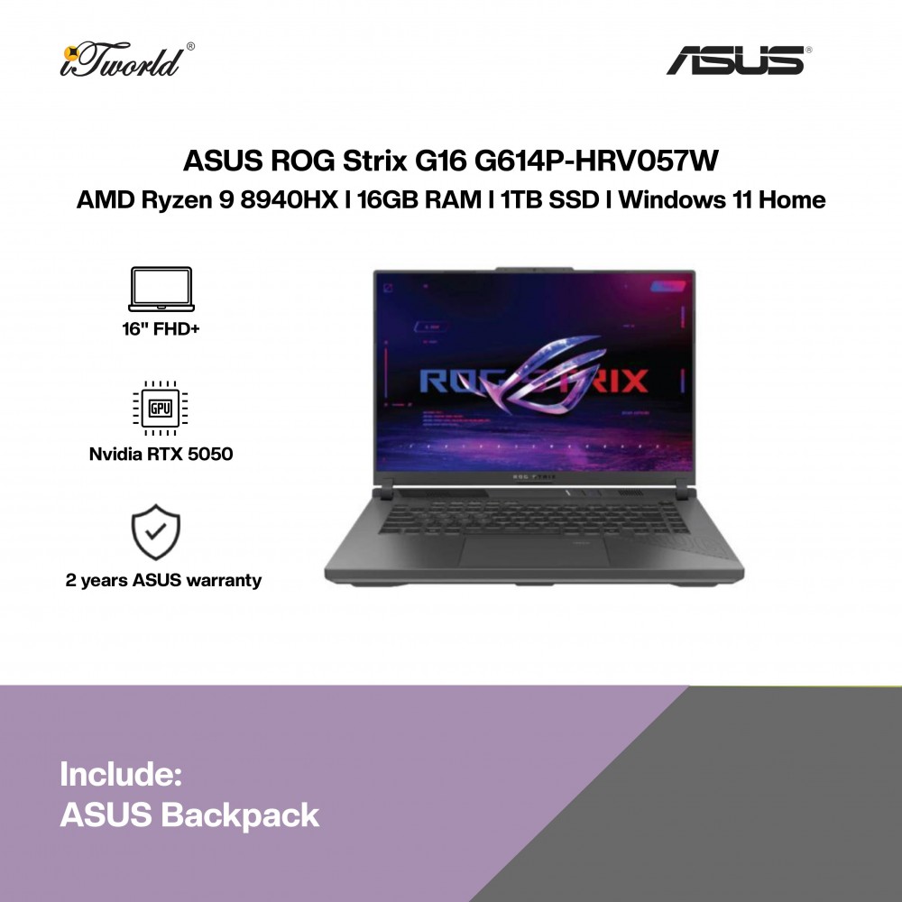 ASUS ROG Strix G16 G614P-HRV057W Gaming Laptop (AMD Ryzen 9 8940HX | 16" FHD+ | 16GB RAM | 1TB SSD | NVIDIA GeFroce RTX 5050 | Windows 11 Home)