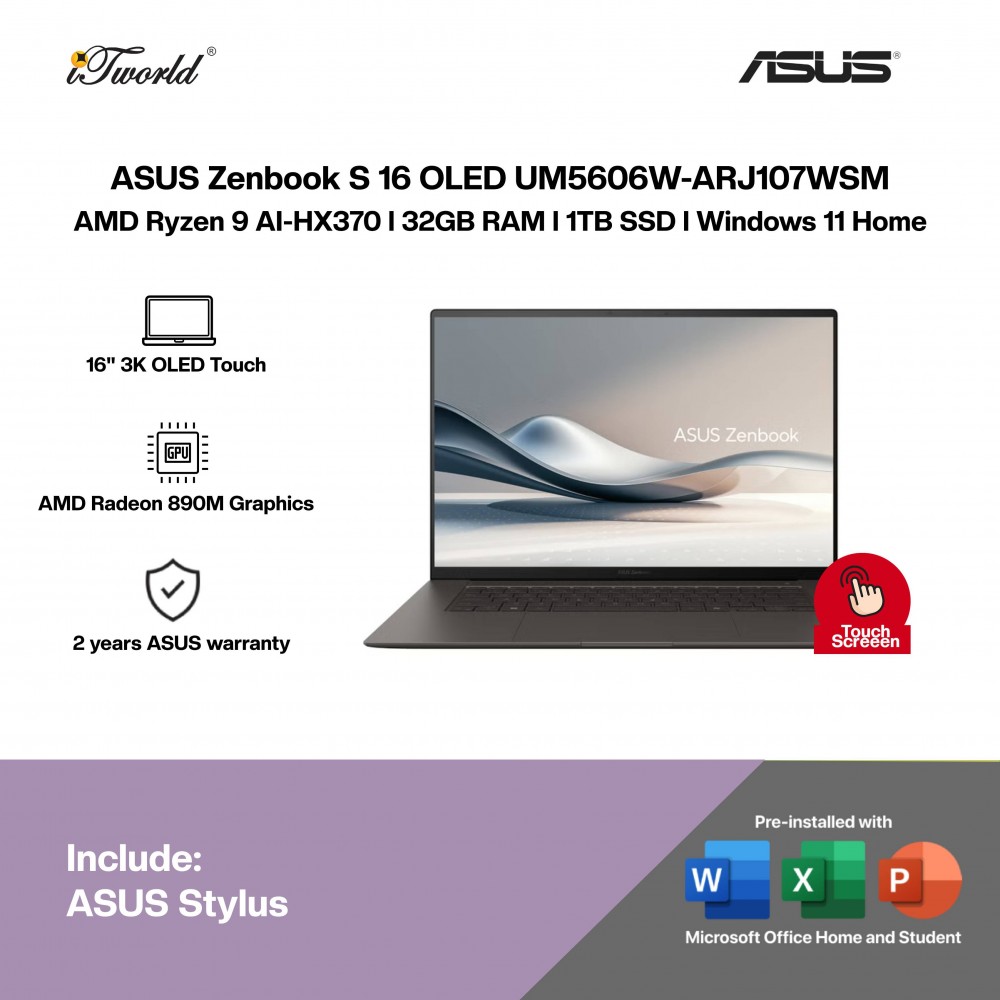 ASUS Zenbook S 16 OLED UM5606W-ARJ107WSM Laptop (AMD Ryzen 9 AI-HX370 | 16" 3K OLED Touch | 32GB RAM | 1TB SSD |AMD Radeon 890M Graphics | Windows 11 Home | Office Home & Student + Office 365)