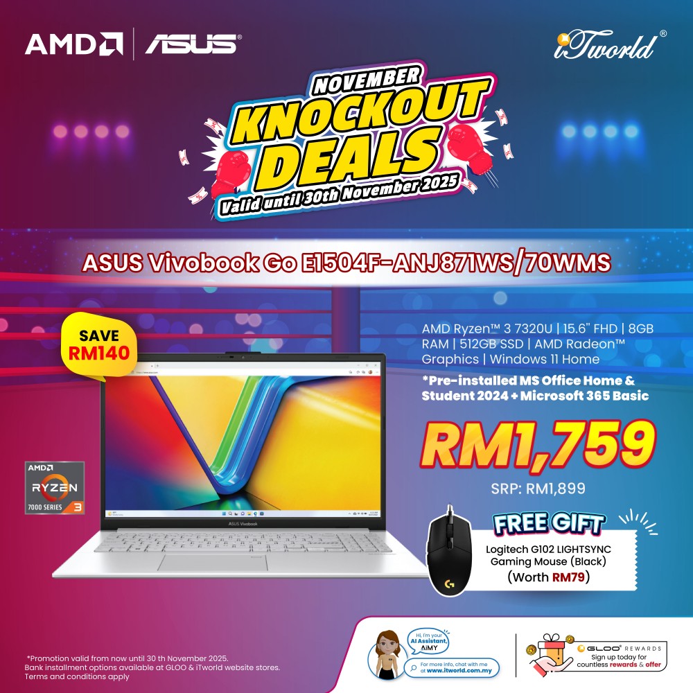 ASUS Vivobook Go E1504F-ANJ871WMS Laptop (AMD Ryzen™ 3 7320U | 15.6" FHD | 8GB RAM | 512GB SSD | AMD Radeon™ Graphics | Windows 11 Home |Microsoft Office Home 2024 + Microsoft 365)