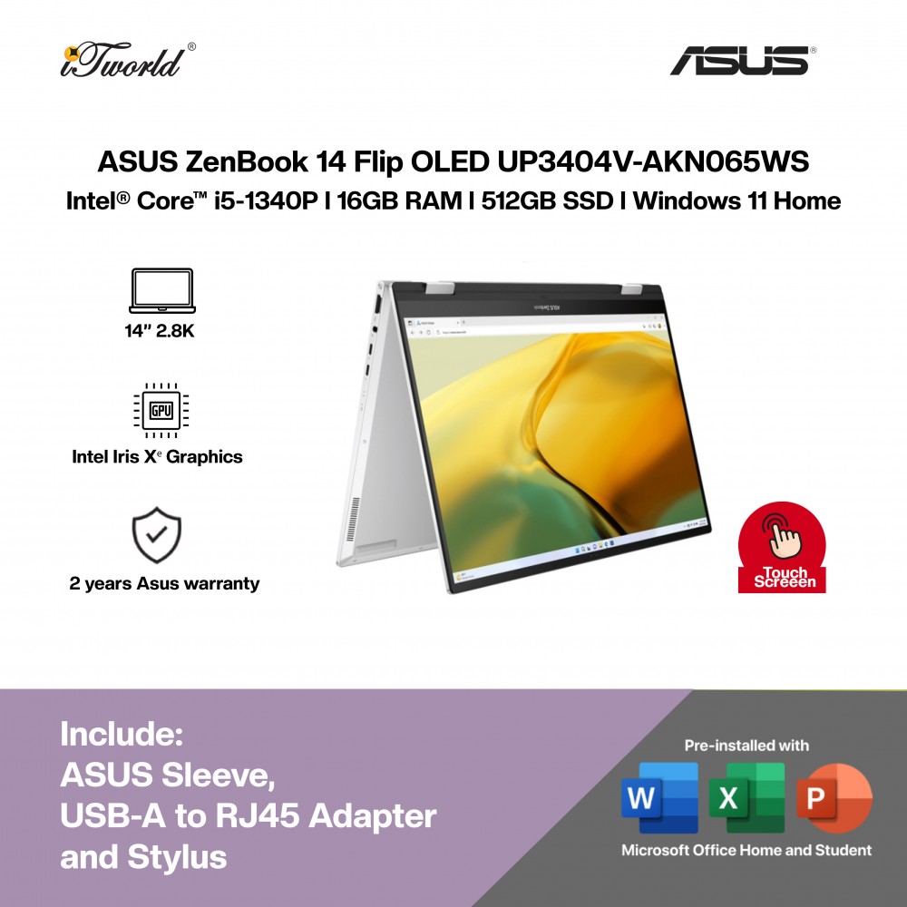 [Pre-order] ASUS ZenBook 14 Flip OLED UP3404V-AKN065WS Laptop (i5-1340P,16G,512GB,Intel Iris Xe,H&S,14"2.8K-T,W11H,Sil) [ETA:3-5 working days]