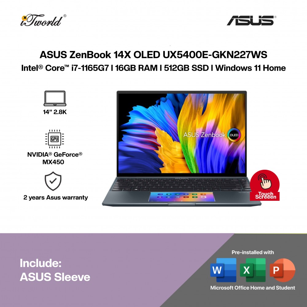 [Pre-order] ASUS ZenBook 14X OLED UX5400E-GKN227WS Laptop (i7-1165G7,16GB,512GB SSD,MX450 2GB,H&S,14"2.8K OLED-T,W11H,Grey) [ETA:3-5 working days]
