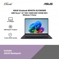 ASUS Vivobook M1407K-ALY065WS Laptop (AMD Ryzen AI 7 350 | 14" WUXGA | 16GB RAM | 512GB SSD | AMD Radeon Graphics | Windows 11 Home | Office Home & Student+M365)