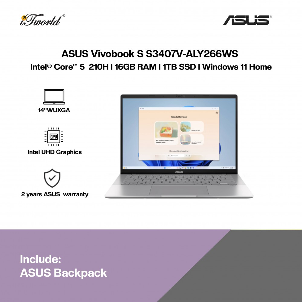 ASUS Vivobook S S3407V-ALY266WS Laptop (Intel  ® Core™ 5 Processor 210H | 14"WUXGA | 16GB RAM | 1TB SSD | Intel UHD Graphics | Windows 11 Home | Microsoft Office Home 2024 + Microsoft 365 Basic)
