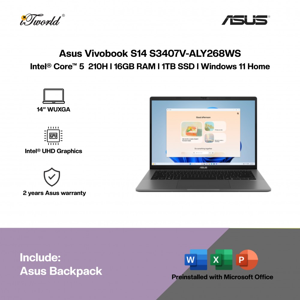 Asus Vivobook S14 S3407V-ALY268WS Laptop (Intel  ® Core™ 5 210H | 14” WUXGA | 16GB RAM | 1TB SSD | Intel  ® UHD Graphics | Windows 11 Home | Microsoft Office Home 2024 + Microsoft 365 Basic)