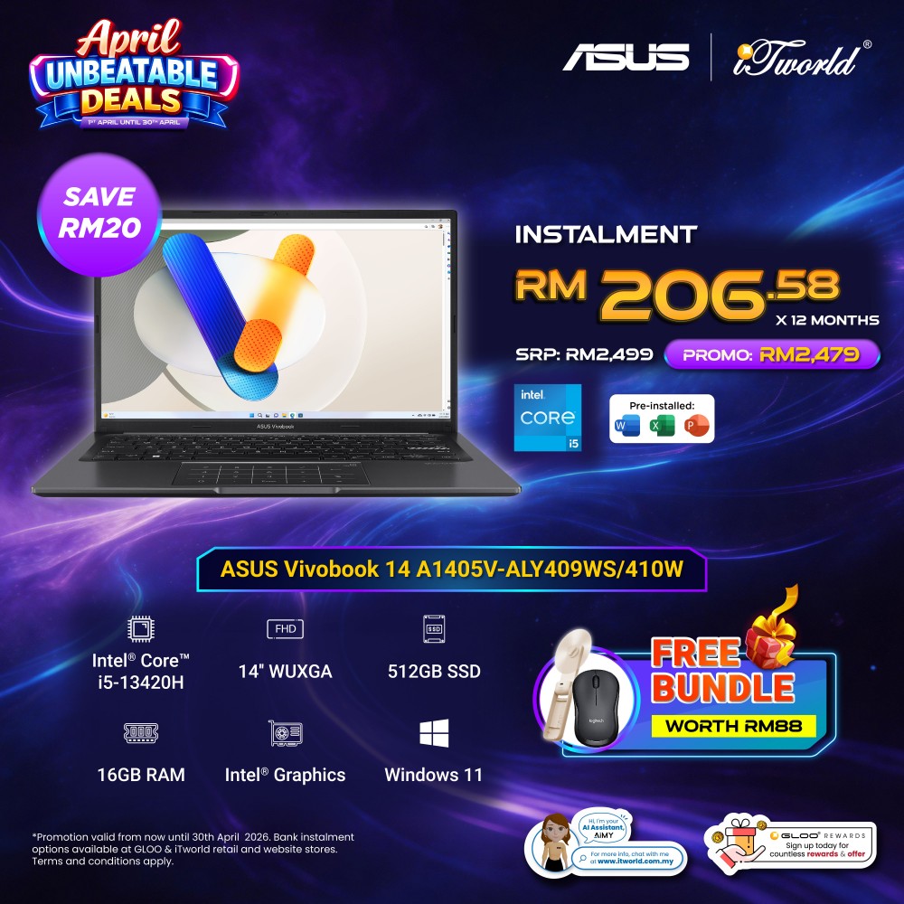 ASUS Vivobook 14 A1405V-ALY409WS Laptop (Intel  ® Core™ i5-13420H |14" WUXGA | 16GB RAM | 512GB SSD | Intel  ® UHD Graphics | Windows 11 Home | Preinstalled with Microsoft Office Home 2024 + Microsoft 365 Basic)