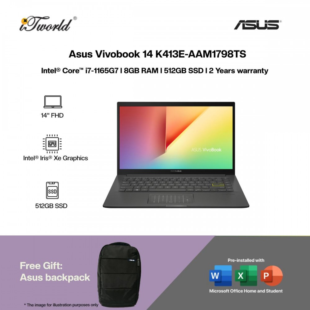 [Pre-order] Asus Vivobook 14 K413E-AAM1798TS Laptop (i7-1165G7,8GB,512GB SSD,Intel Iris Xe,H&S,14"FHD,W10H,Black) [ETA: 3-5 working days]