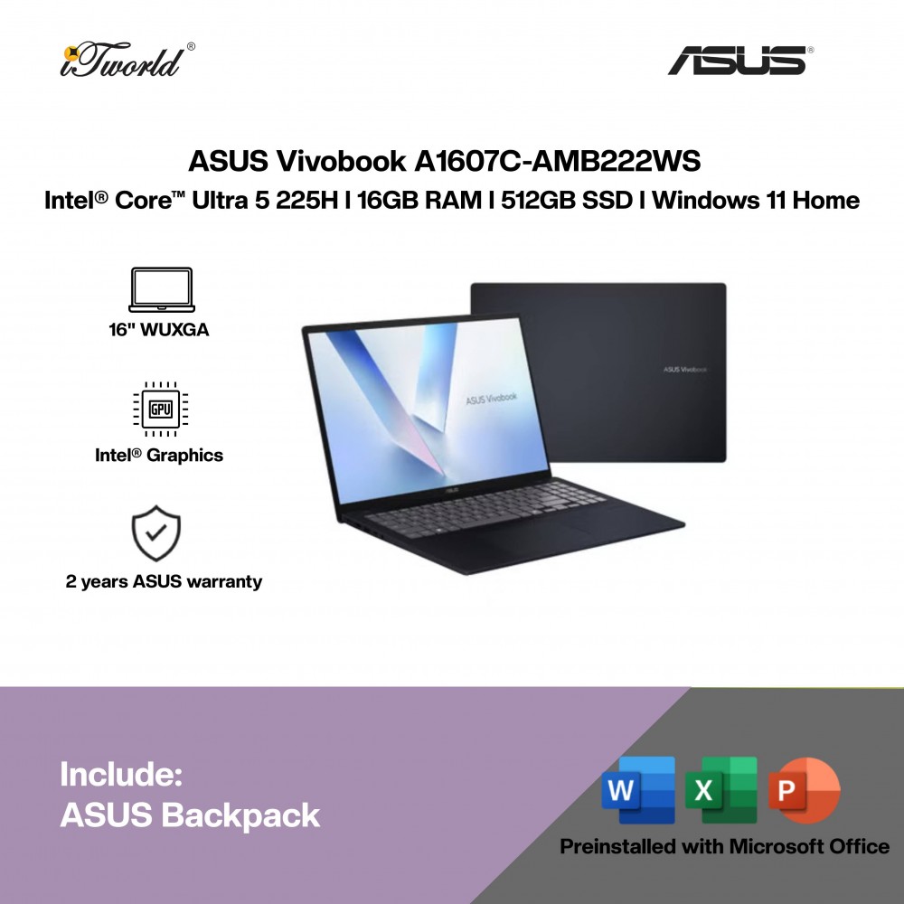 ASUS Vivobook A1607C-AMB222WS Laptop (Intel  ® Core™ Ultra 5 225H | 16" WUXGA | 16GB RAM | 512GB SSD | Intel  ® Graphics | Windows 11 Home |Microsoft Office Home 2024 + Microsoft 365)