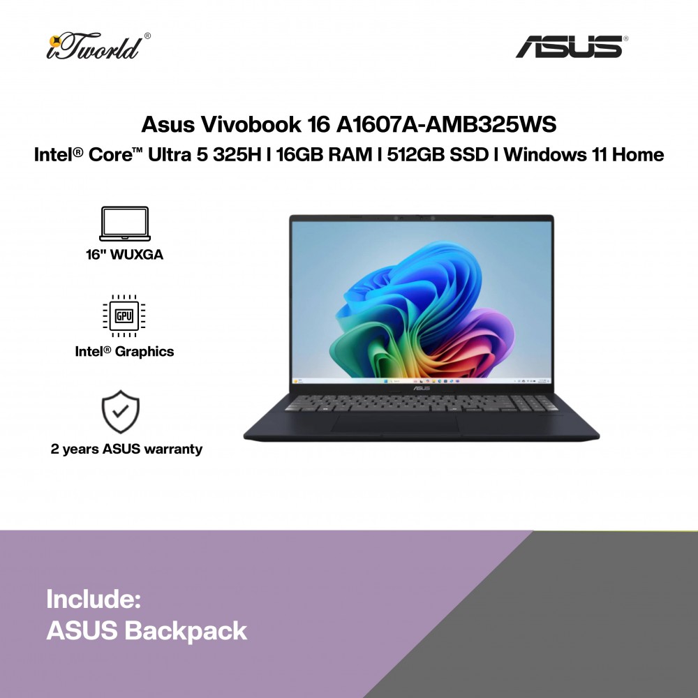 ASUS Vivobook 16 A1607A-AMB325WS Laptop (Intel  ® Core™ Ultra 5 325H | 16" WUXGA | 16GB RAM | 512GB SSD |  Intel  ® Graphics | Windows 11 Home | Preinstalled Microsoft Office Home 2024 + Microsoft 365 Basic)