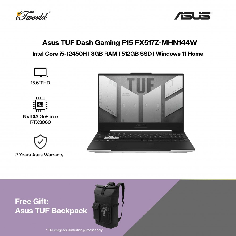 [NVIDIA l Pre-order] Asus TUF Dash Gaming F15 FX517Z-MHN144W Gaming Laptop (NVIDIA  ® GeForce RTX™ RTX3060 6GB,i5-12450H,8GB,512GB SSD,15.6"FHD,W11H,Black)[ETA:3-5 working days]