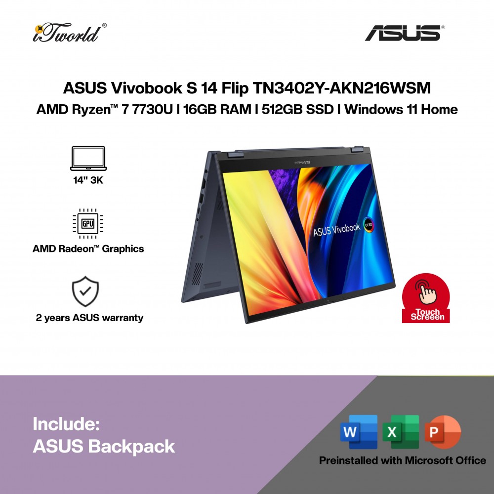 ASUS Vivobook S 14 Flip TN3402Y-AKN216WSM Laptop (AMD Ryzen™ 7 7730U | 14” 2.8K Touch | 16GB RAM | 512GB SSD | AMD Radeon™ Graphics | Windows 11 Home | Microsoft Office Home & Student + Microsoft 365)