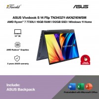 ASUS Vivobook S 14 Flip TN3402Y-AKN216WSM Laptop (AMD Ryzen™ 7 7730U | 14” 2.8K Touch | 16GB RAM | 512GB SSD | AMD Radeon™ Graphics | Windows 11 Home | Microsoft Office Home & Student + Microsoft 365)