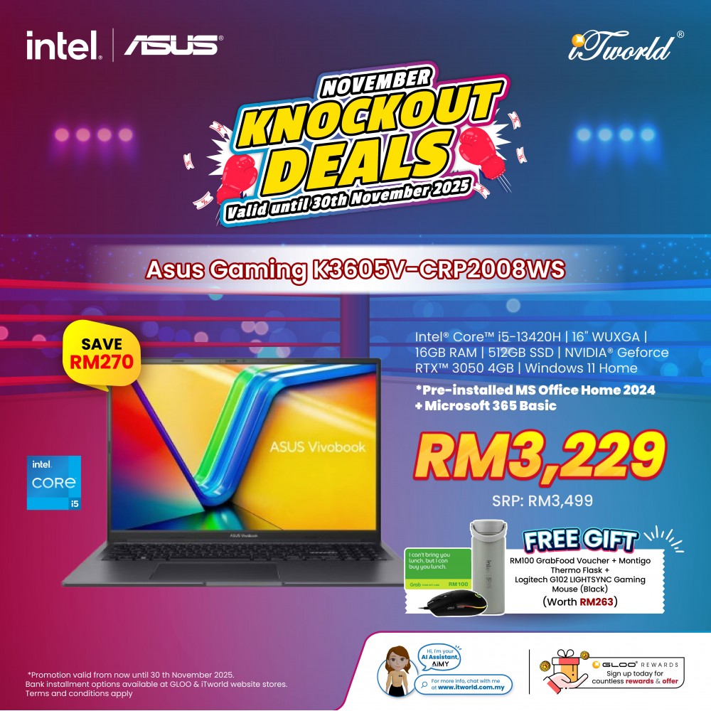 ASUS Gaming K3605V-CRP2008WS Gaming Laptop (Intel  ® Core™ i5-13420H | 16" WUXGA | 16GB RAM | 512GB SSD | NVIDIA  ® GeForce RTX™ 3050 4GB | Windows 11 Home |Microsoft Office Home 2024 + Microsoft 365)