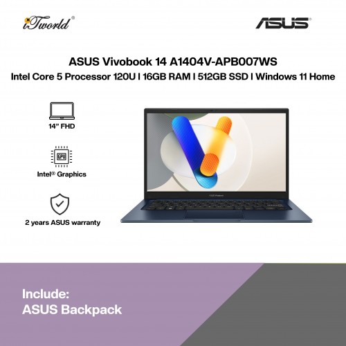 ASUS Vivobook 14 A1404V-APB007WS (C5-120U,16GB,512GB SSD,Intel Graphics,H&S,14” FHD,W11H,Blue,2Y)