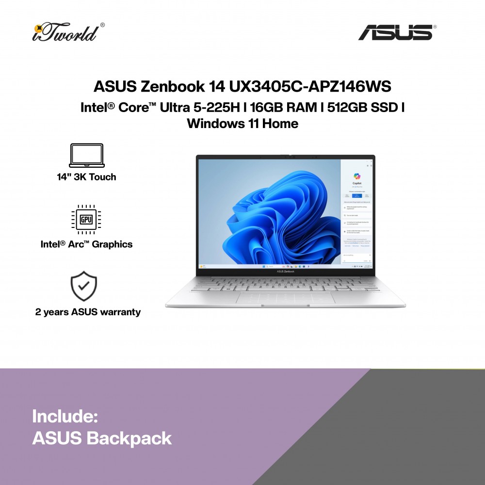 ASUS Zenbook 14 UX3405C-APZ146WS Laptop (Intel Core Ultra 5-225H | 14" OLED T | 16GB RAM | 512GB SSD | Intel Arc Graphics | Windows 11 Home | Office Home & Student+M365)