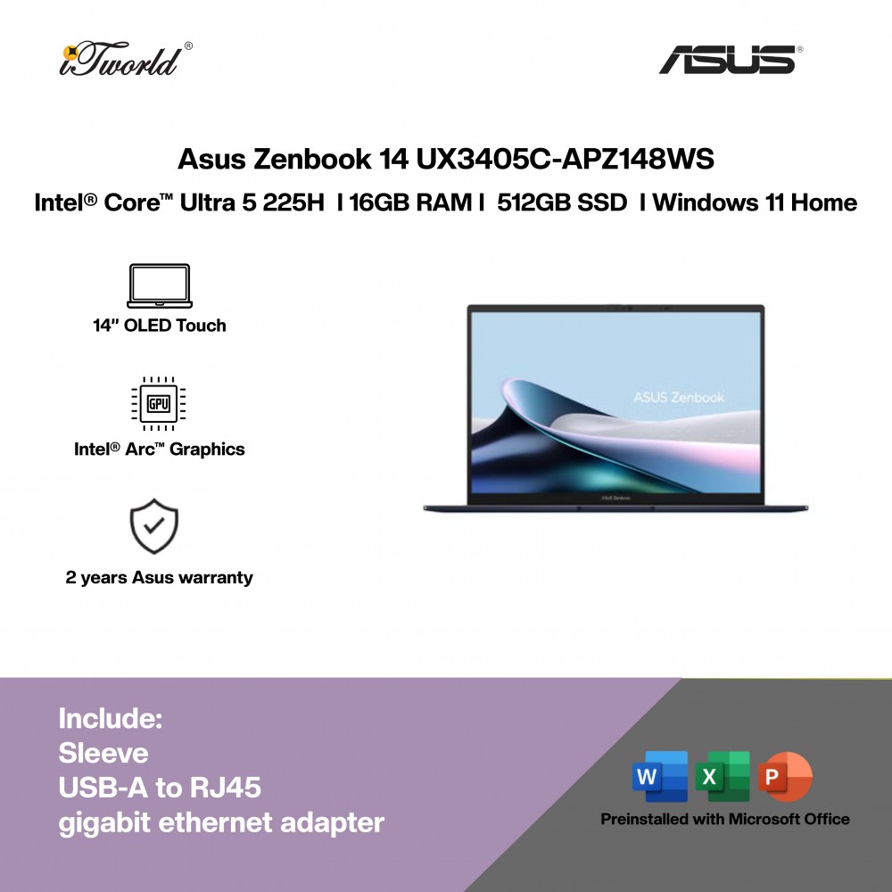 ASUS Zenbook 14 UX3405C-APZ148WS Laptop (Intel  ® Core™ Ultra 5 225H  | 14” OLED Touch | 16GB RAM | 512GB SSD | Intel  ® Arc™ Graphics | Windows 11 Home | Microsoft Office Home & Student 2024 + Microsoft 365 Basic