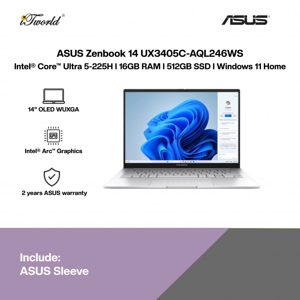 ASUS Zenbook 14 UX3405C-AQL246WS Laptop (Intel  ® Core™ Ultra 5 225H | 14" WUXGA OLED Touch | 16GB RAM | 512GB SSD | Intel  ® Arc™ Graphics | Windows 11 Home | Microsoft Office Home 2024 + Microsoft 365 Basic)