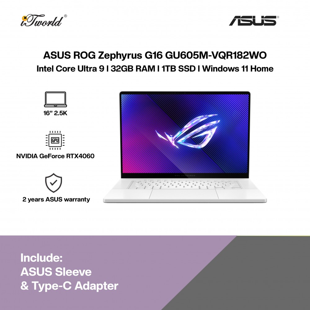 [Pre-order] ASUS ROG Zephyrus G16 GU605M-VQR182WO Gaming Laptop (CU9-185H,32GB,1TB SSD,RTX4060 8GB,16"WQXGA,W11H,White,2Y) [ETA:3-5 working days]