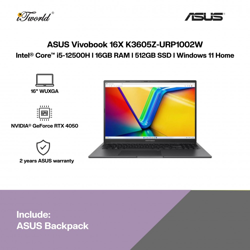 ASUS Vivobook 16X K3605Z-URP1002W Laptop (Intel Core i5-12500H | 16"WUXGA | 16GB RAM | 512GB SSD | Intel UHD Graphics | Windows 11 Home)