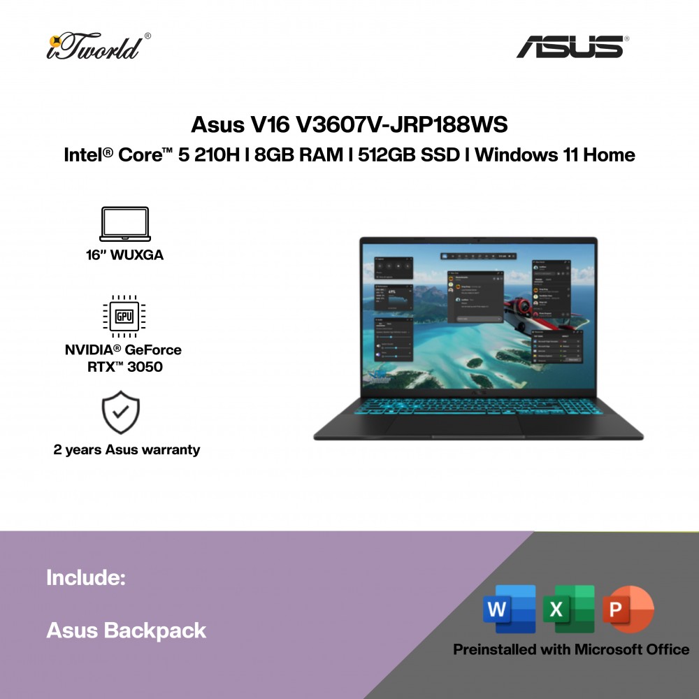Asus V16 V3607V-JRP188WS Gaming Laptop (Intel  ® Core™ 5 210H | 16” WUXGA | 8GB RAM  | 512GB SSD | NVIDIA  ® GeForce RTX™ 3050 | Windows 11 Home | Microsoft Office Home 2024 + Microsoft 365 Basic)