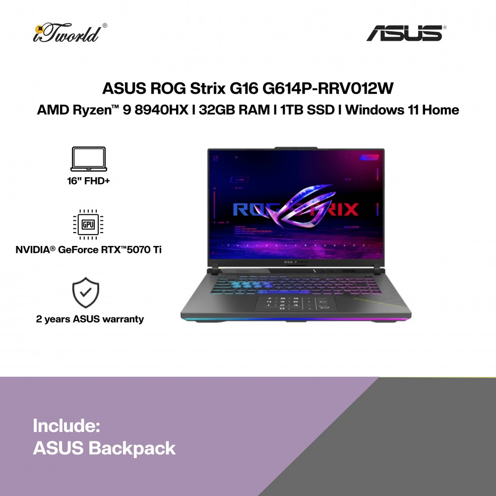 ASUS ROG Strix G16 G614P-RRV012W Gaming Laptop (AMD Ryzen 9 8940HX | 16" FHD+ | 32GB RAM | 1TB SSD | NVIDIA RTX5070 Ti | Windows 11 Home)