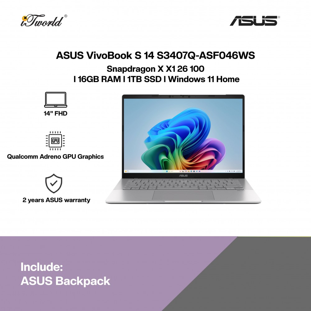[Pre-order] ASUS VivoBook S 14 S3407Q-ASF046WS Laptop (SD X126100,16GB,1TB,14",W11,SIL,H&S+M365) [ETA:6-8 working weeks if no delay]