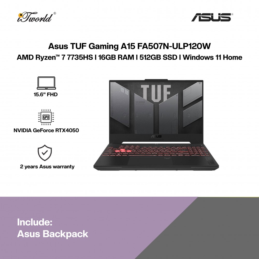 [Pre-order] Asus TUF Gaming A15 FA507N-ULP120W Laptop (R7-7735HS,16GB,512GB SSD,RTX4050 6GB,15.6”FHD,W11H,Grey,2Y) [ETA: 3-5 working days]