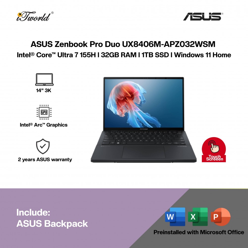 ASUS Zenbook Pro Duo UX8406M-APZ032WSM Laptop (Intel  ® Core™ Ultra 7 155H | 14" 3K OLED Touch | 32GB RAM | 1TB SSD | Intel  ® Arc™ Graphics | Windows 11 Home |Microsoft Office Home 2024 + Microsoft 365)