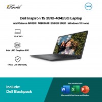 Dell Inspiron 15 3510-4042SG Laptop (Celeron N4020,4GB,256G SSD,Intel UHD,H&S,W10H,15.6"FHD,Blk,1Yr) + Pre-installed with Microsoft Office Home and Student 2019