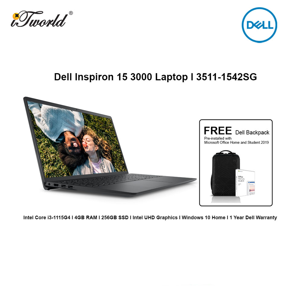 Dell Insp 3511-1542SG Laptop (i3-1115G4,4GB,256GB SSD,Intel UHD,H&S,W10H,15.6"FHD,Black,1Yr) [FREE] Dell Backpack + Pre-installed with Microsoft Office Home and Student 2019+Shield Care 1Y EW