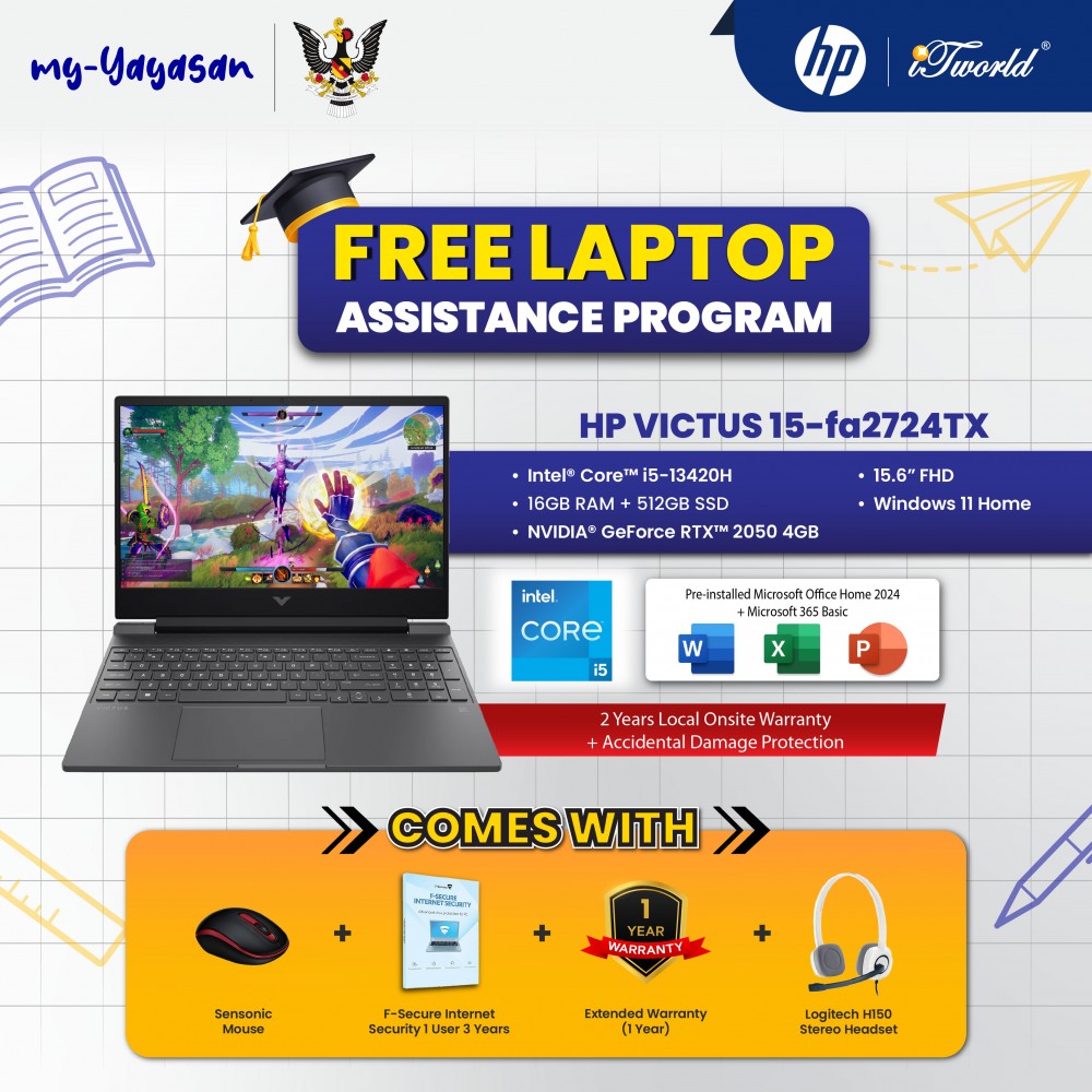 (my-Yayasan) HP Victus Gaming Laptop 15-fa2724TX 15.6'' FHD (Intel  ® Core™ i5-13420H | 16GB | 512GB | NVIDIA  ® GeForce RTX™ 2050 Graphics | Windows 11 Home | Preinstalled Microsoft Office Home and Student 2024 + 1 Year Office 365 Basic)