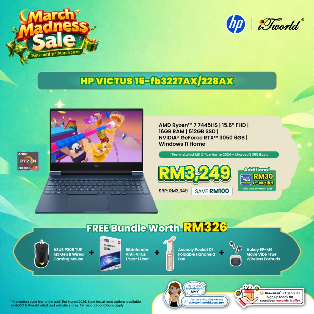 HP Victus Gaming Copilot+ PC Laptop 15-fb3227AX (AMD Ryzen™ 7-7445HS | 15.6" FHD | 16GB RAM | 512GB SSD | NVIDIA  ® GeForce RTX™ 3050 | Windows 11 Home | Microsoft Office Home 2024 + Microsoft 365)