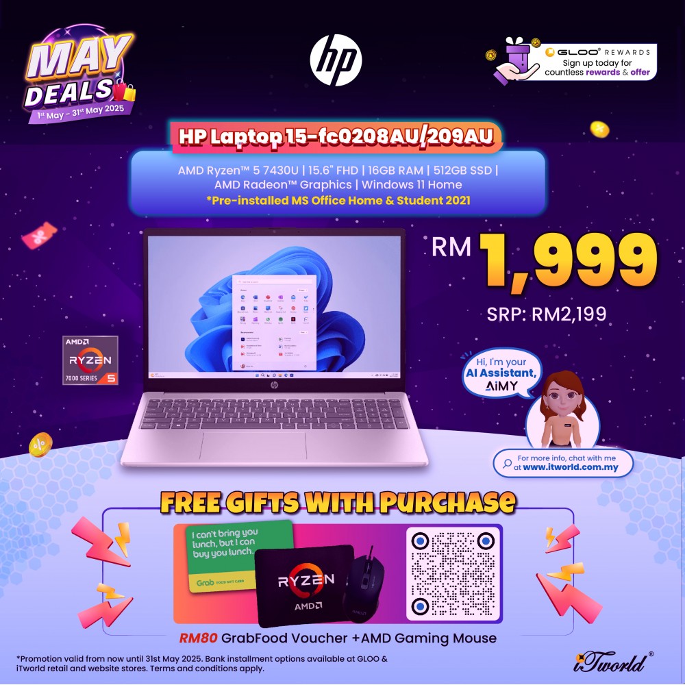 HP Laptop 15-fc0208AU (AMD Ryzen™ 5 7430U | 15.6” FHD | 16GB | 512GB SSD | AMD Radeon Graphics | Windows 11 Home | Preinstalled Microsoft Office Home & Student)