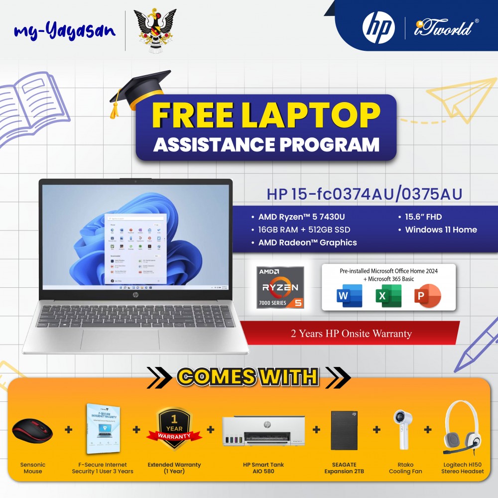 (my-Yayasan) HP Laptop 15-fc0374AU 15.6'' FHD (AMD Ryzen™ 5 7430U | 16GB | 512GB | AMD Radeon™ Graphics | Windows 11 | Preinstalled Home Microsoft Office Home and Student 2024 + 1 Year Office 365 Basic)