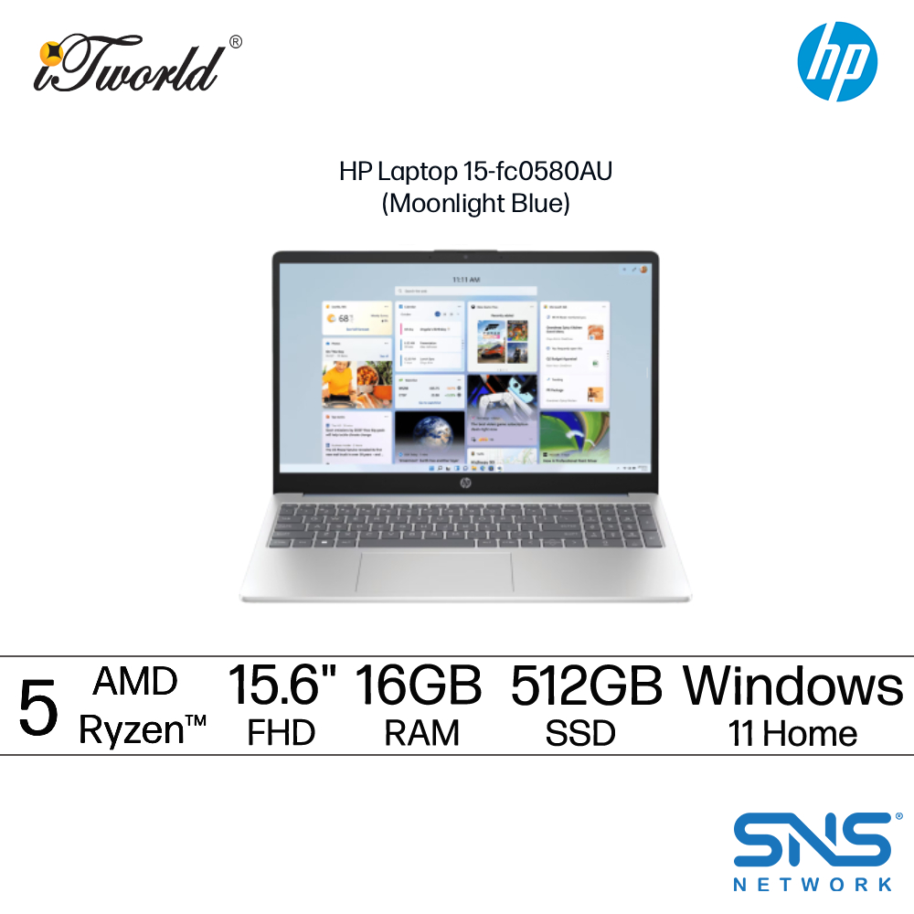 HP Laptop 15-fc0580AU (AMD Ryzen™ 5 7430U | 15.6"FHD | 16GB RAM | 512GB SSD | AMD Radeon™ Graphics | Windows 11 Home | Microsoft Office Home 2024 + Microsoft 365 Basic)