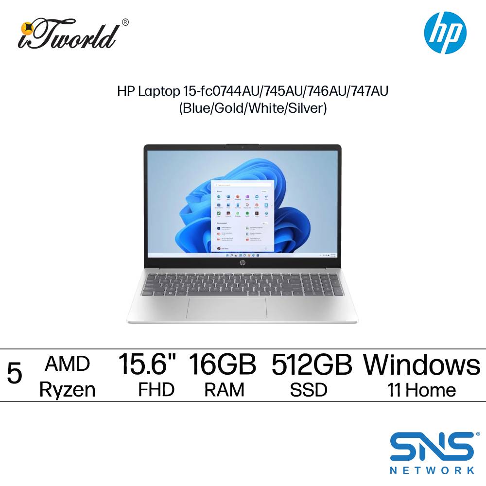 HP Laptop 15-fc0746AU (AMD Ryzen™ 5-7530U | 15.6" FHD | 16GB RAM | 512GB SSD | AMD Radeon Graphics | Windows 11 Home | Microsoft Office Home 2024 + Microsoft 365)
