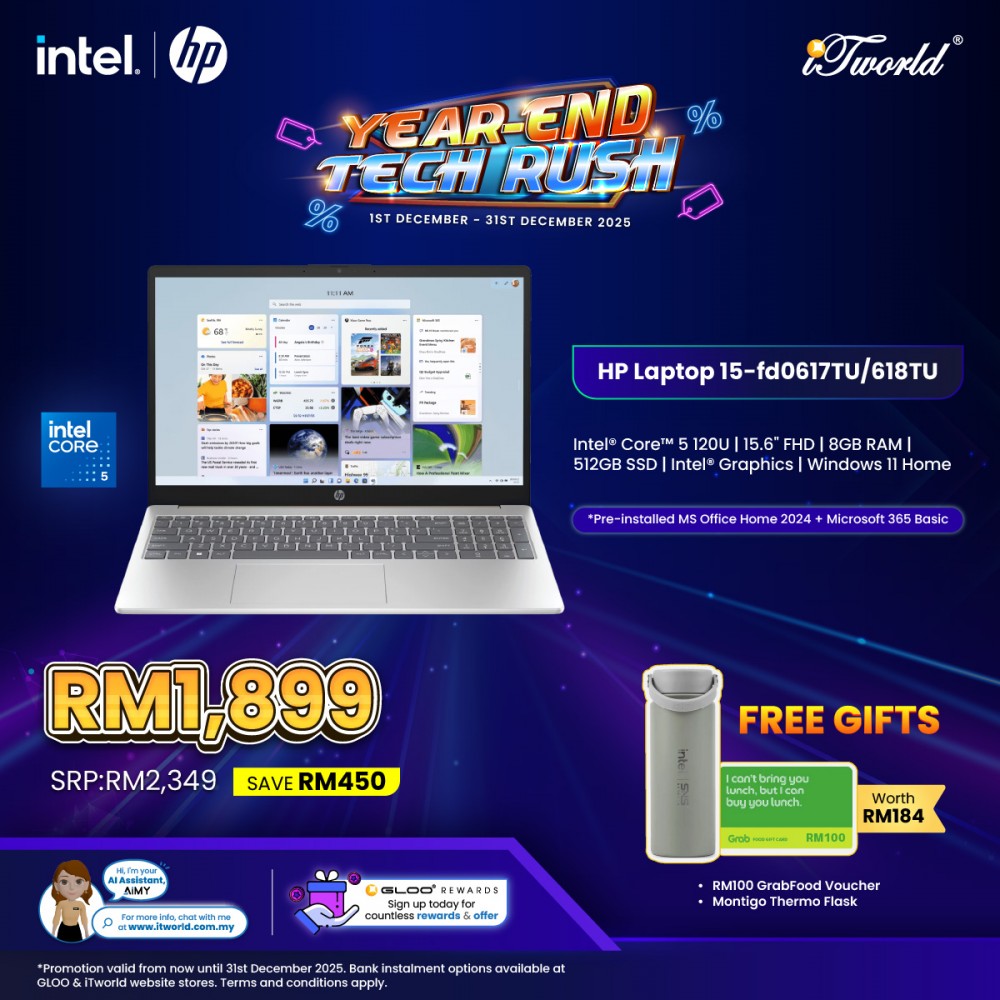 HP Laptop 15.6 inch 15-fd0617TU (Intel  ® Core™ 5 120U | 8GB | 512GB SSD | Intel UHD Graphics | Preinstalled Microsoft Office Home 2024 + Microsoft 365 Basic | Windows 11 Home)