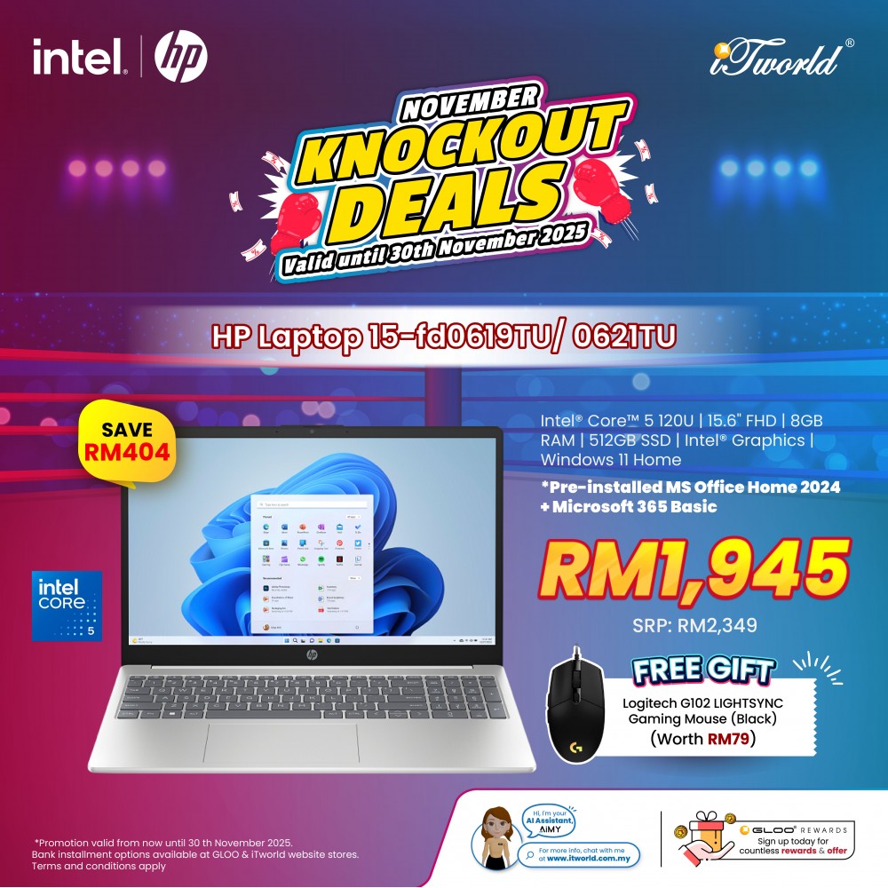HP Laptop 15.6 inch 15-fd0619TU (Intel  ® Core™ 5 120U | 8GB | 512GB SSD | Intel UHD Graphics | Preinstalled Microsoft Office Home 2024 + Microsoft 365 Basic | Windows 11 Home)