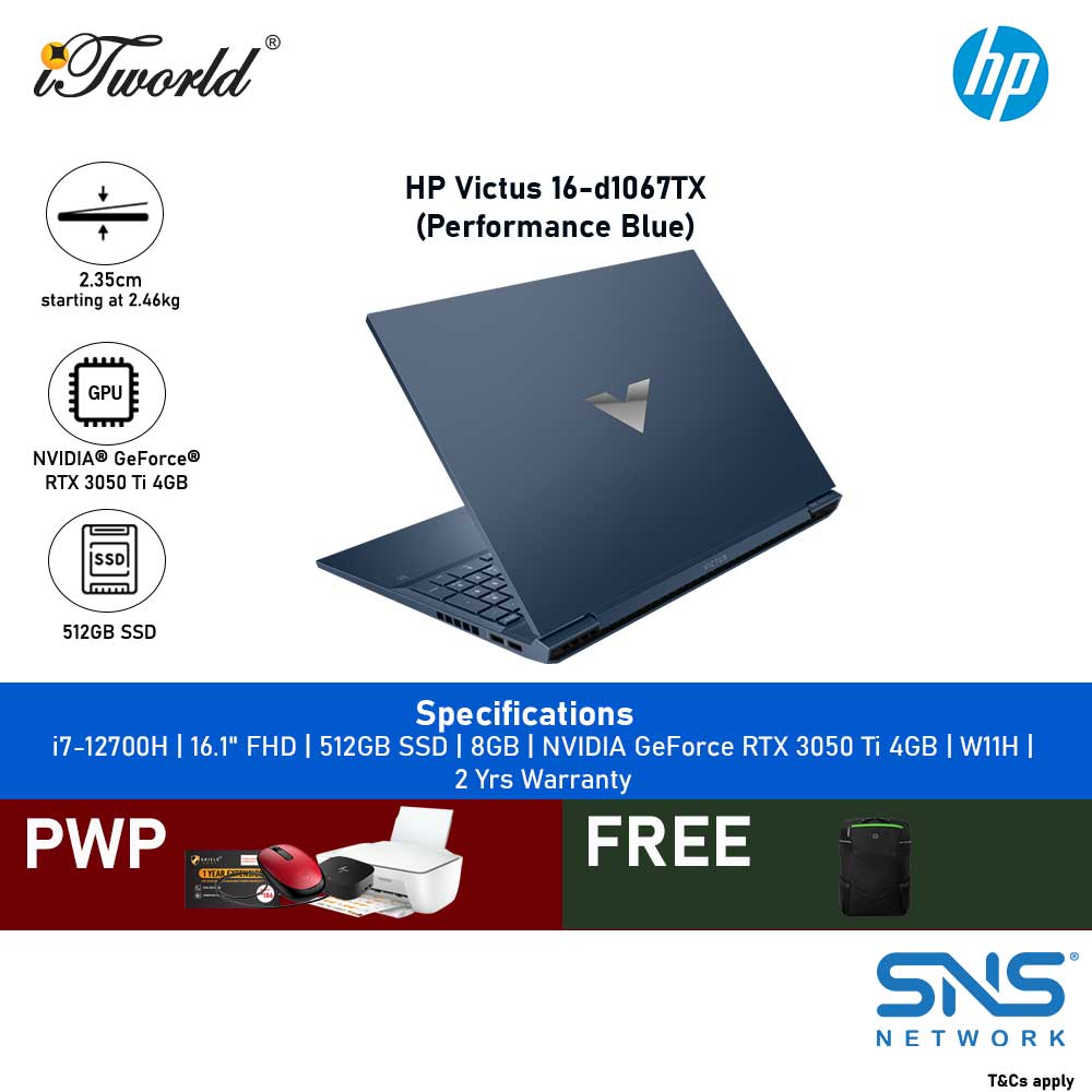 [Intel] HP Victus Gaming Laptop 16-d1067TX 16.1 FHD (i7-12700H, 512GB SSD, 8GB, NVIDIA RTX 3050 Ti 4GB, W11H) - Performance Blue [FREE] HP Pavilion Backpack (Grab/Touch & Go credit redemption : 1/11-31/1*)