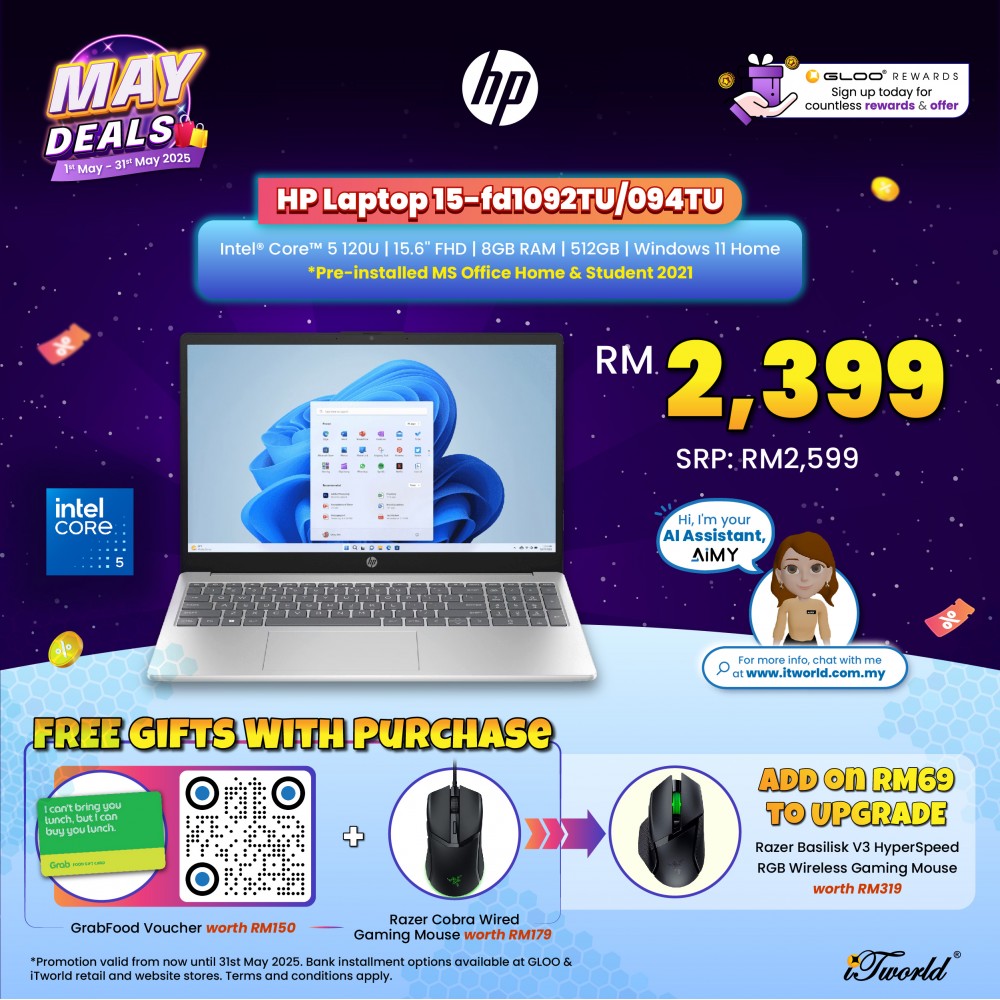 HP Laptop 15-fd1092TU (Intel  ® Core™ 5 120U | 15.6'' FHD | 8GB RAM | 512GB SSD | Intel  ® Graphics | Windows 11 Home | Preinstalled Microsoft Office Home & Student)
