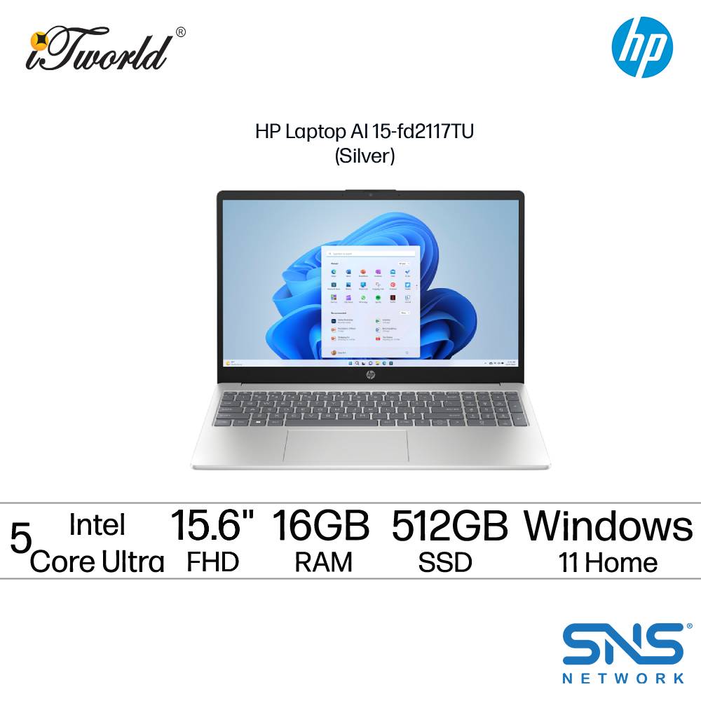 HP Laptop AI 15-fd2117TU (Intel Core Ultra 5-225U | 15.6" FHD | 16GB RAM | 512GB SSD | Intel Graphics | Windows 11 Home | Preinstalled with Microsoft Office HomE 2024 + Microsoft 365 Basic)