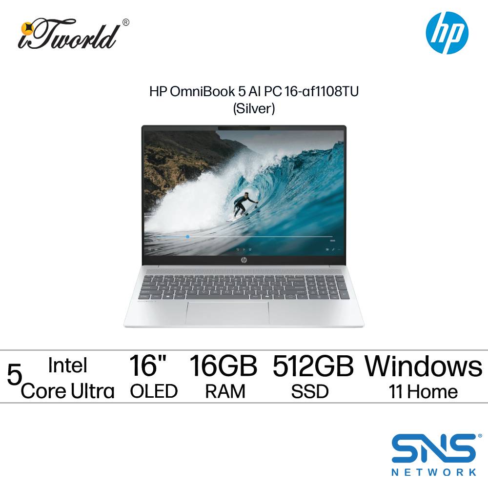 HP OmniBook 5 AI PC 16-af1108TU Laptop (Intel  ® Core™ Ultra 5 225U | 16" 2K | 16GB RAM | 512GB SSD | Intel  ® Graphics | Windows 11 Home | Microsoft Office Home 2024 + Microsoft 365 Basic)