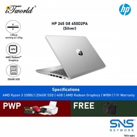 HP Laptop 245 G8 450D2PA 14" HD (AMD Ryzen 3 3300U, 256GB SSD, 4GB, AMD Radeon Graphics, W10H) - Silver [FREE] HP TopLoad Carrying Case
