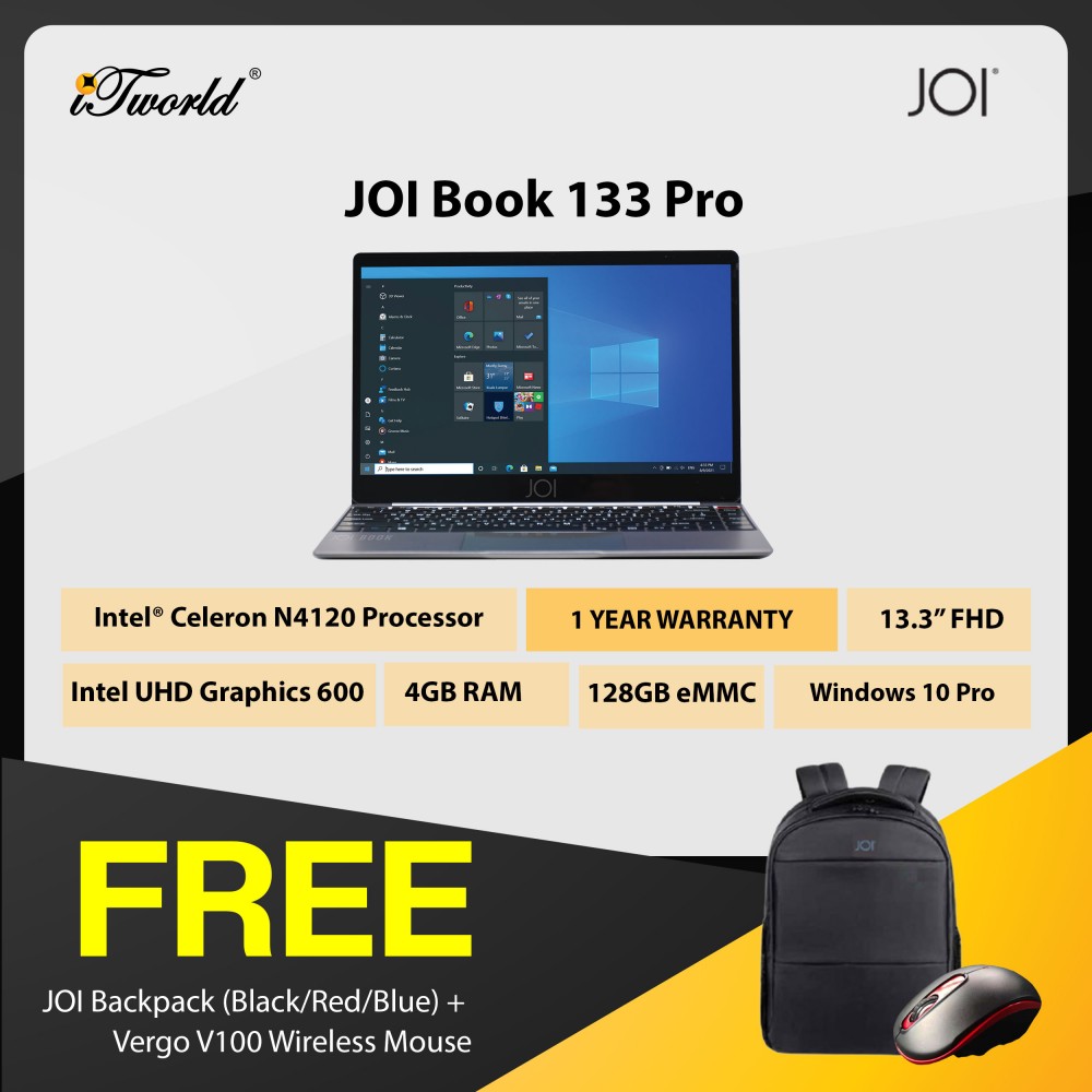 JOI Book 133 Pro Notebook (Celeron N4120,4GB,128GB eMMC,13.3''FHD,W10,GRY) [Free backpack+Mouse]